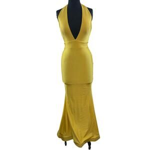 Jessica Angel Yellow Prom Dress Long Stretch Plunge Halter Mermaid Gown S Small